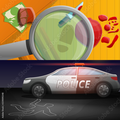 Crime investigation banner set. Cartoon illustration of crime investigation vector banner set for web design
