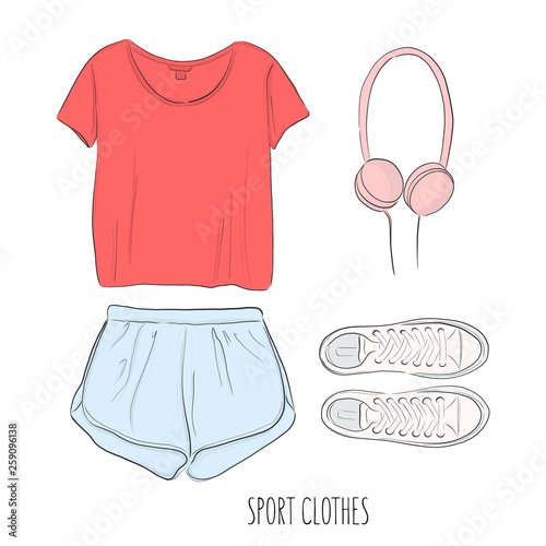 Sportswear outfit. Vector hand-drawn sketch with sport clothes: t-shirt, shorts, shoes and earphones, Flatlay art.