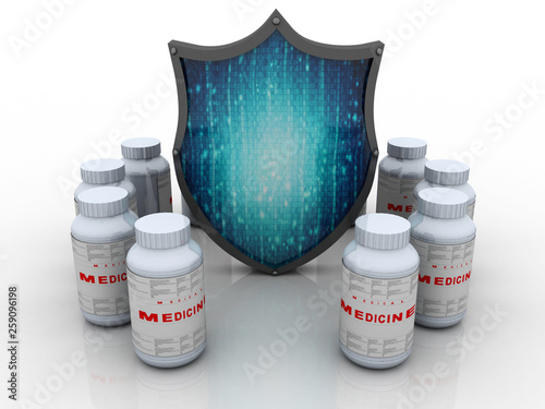 3d illustration Medical bottles with shield photo