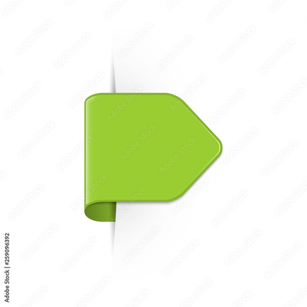 Vector short curved light green bookmark arrow with shadow and copy space Vector short curved light green bookmark arrow with shadow and copy space