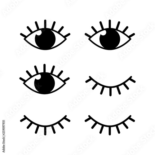 Eyes and eyelashs icons. Open ad closed human eye icon set, cute graphic silhouettes vector eyes