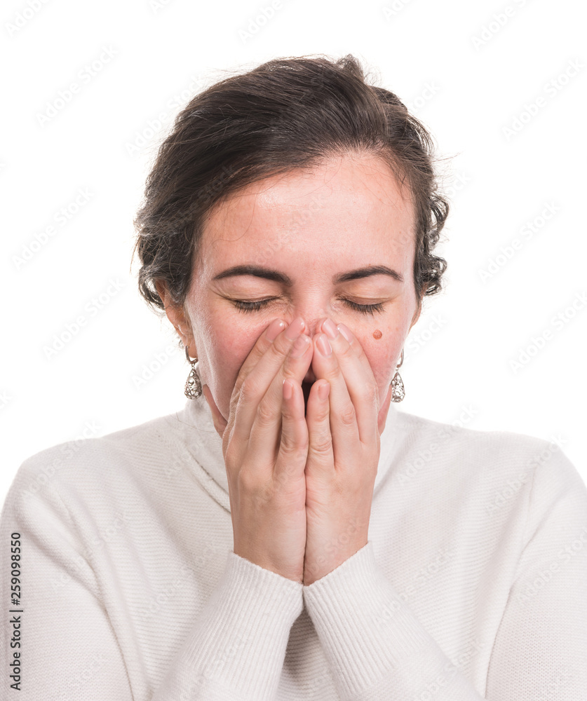 Healthcare, stress and headache concept. Stressedl woman touching temples over white background Healthcare, stress and headache concept. Stressedl woman touching temples over white background