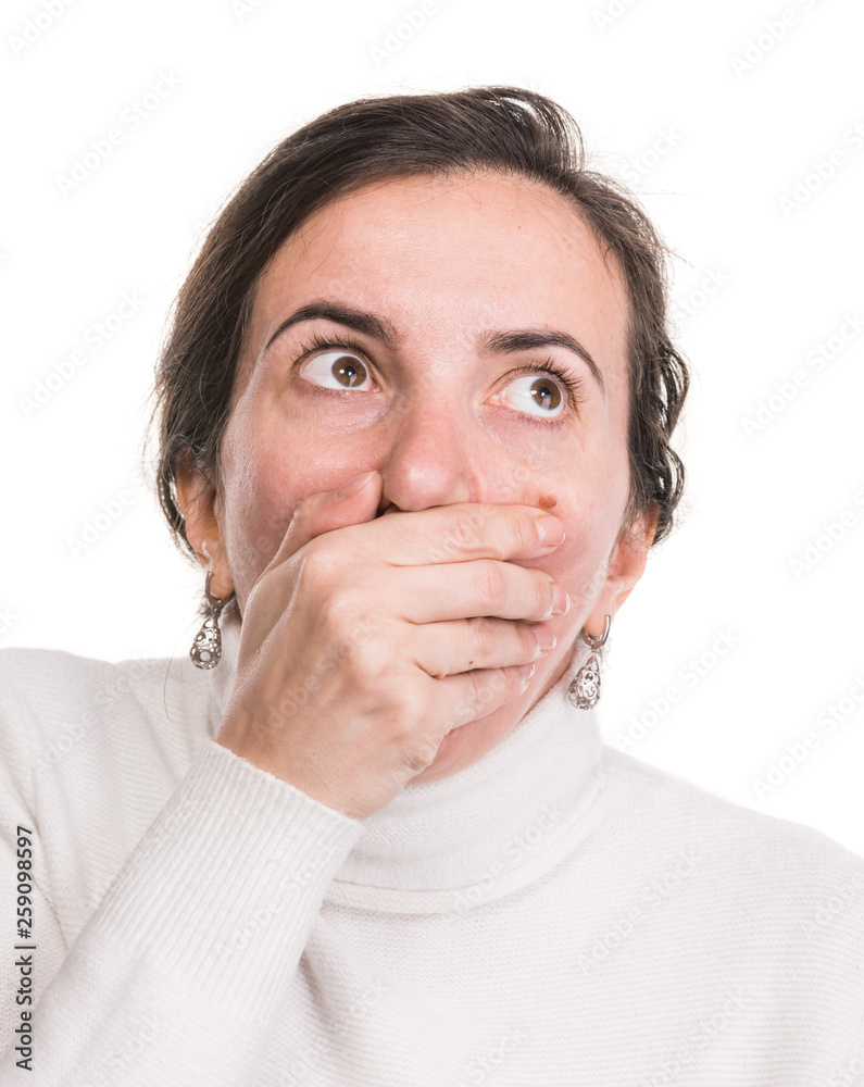 Healthcare, stress and headache concept. Stressedl woman touching temples over white background Healthcare, stress and headache concept. Stressedl woman touching temples over white background