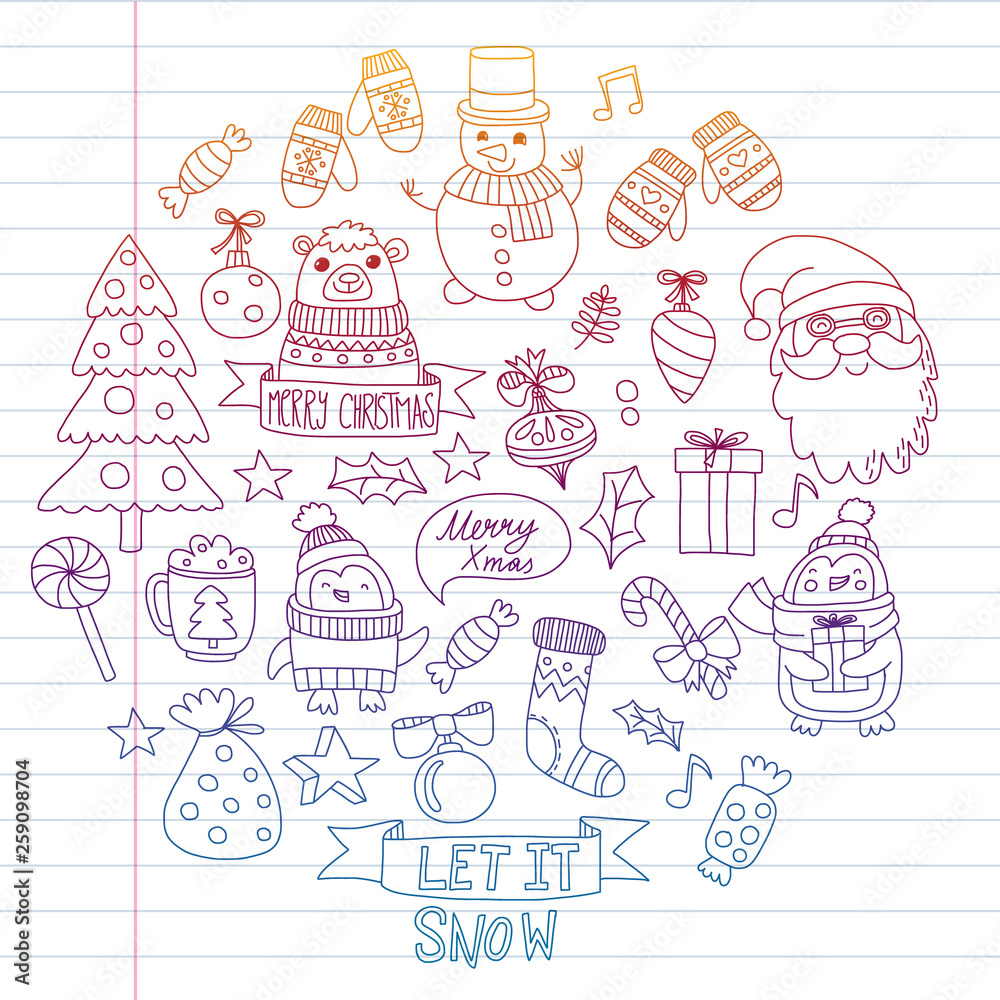 Christmas element in doodle kids drawing style. Vector pattern.