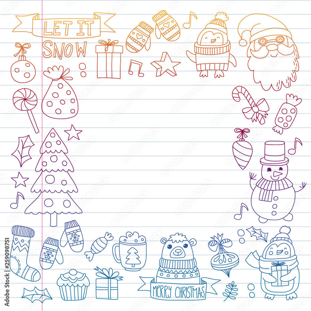 Christmas element in doodle kids drawing style. Vector pattern.