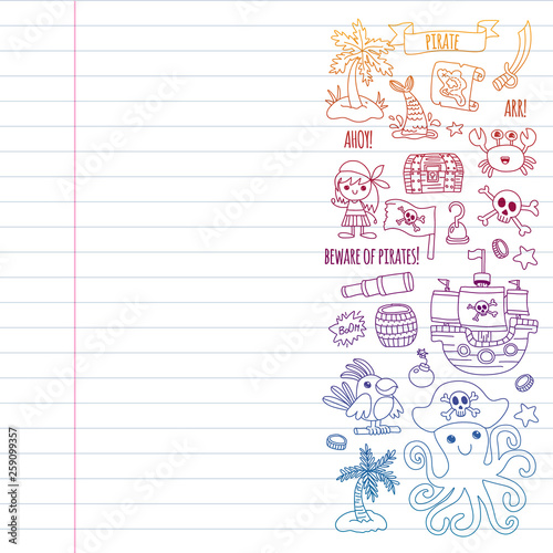 Vector pattern with pirate icons. Adventure, birthday party.