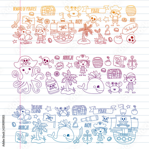 Vector pattern with pirate icons. Adventure, birthday party.