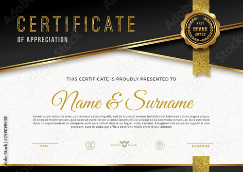 Certificate template with guilloche pattern qnd luxury golden elements. Diploma template design. Vector illustration.
