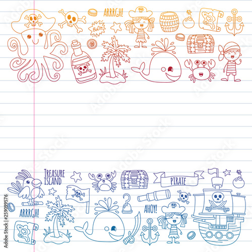 Vector pattern with pirate icons. Adventure, birthday party.