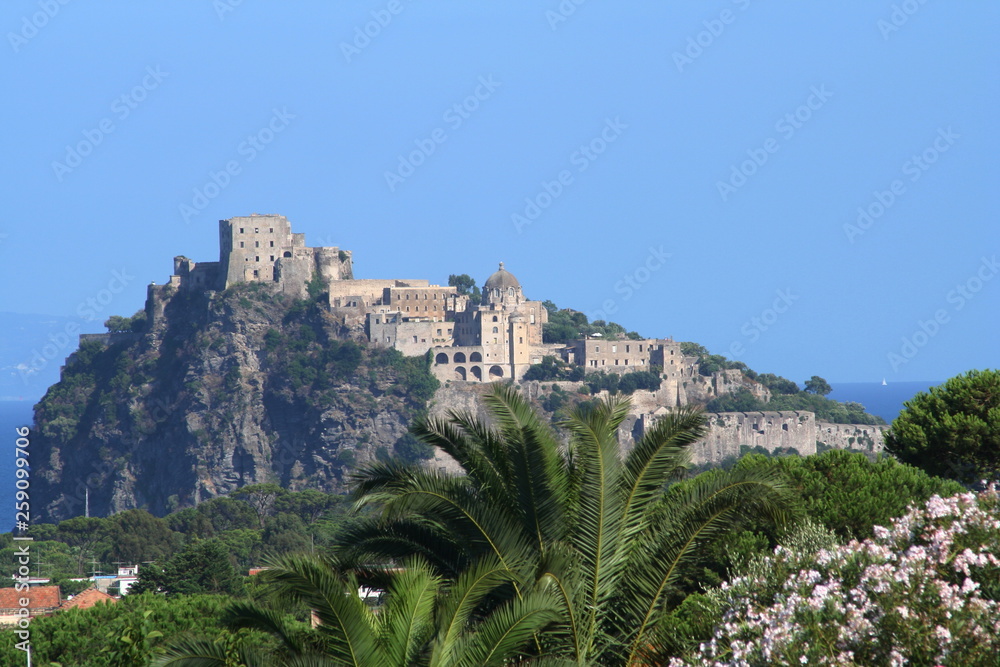The ancient Castello Aragonese at Ischia Ponte seen from a distance beyond palm trees