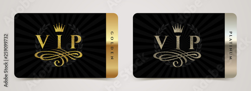 Golden and platinum VIP card template - type design with crown, flourishes element and laurel wreath on a black background. Vector illustration.