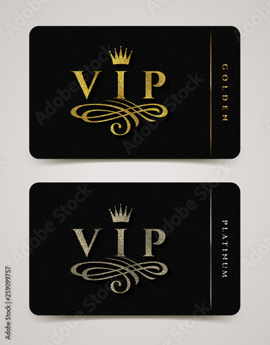 Golden and platinum VIP card template - type design with crown, and flourishes element on a black  background. Vector illustration.