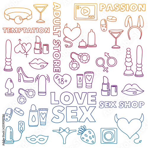 Vector set with sex shop icons. Erotic fetish games background.
