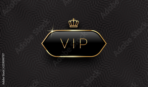 Vip black glass label with golden crown and frame on a black pattern background. Premium design. Luxury template design. Vector illustration.