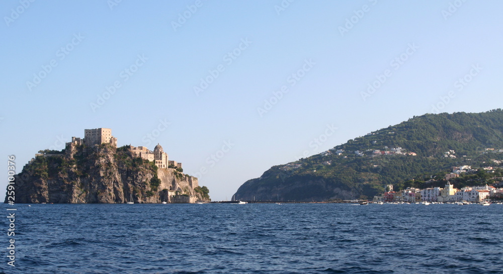 View of Ischia Ponte and the Castello Aragonese, near Naples, Italy.