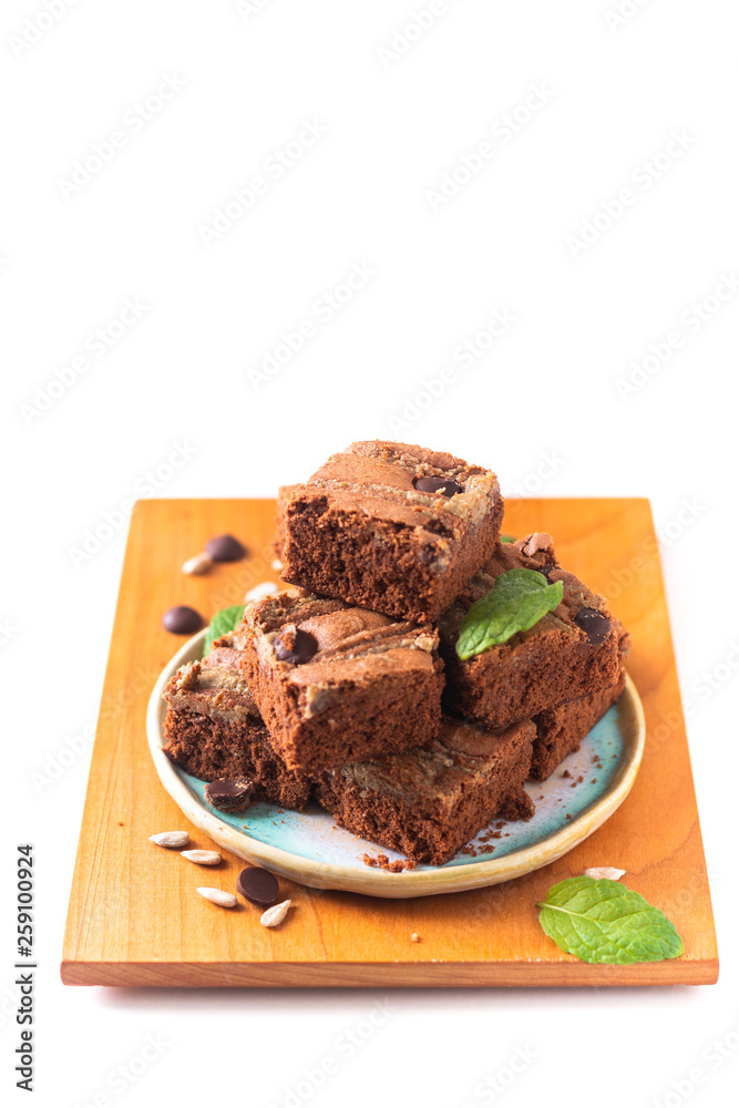 Healthy food concept Homemade organic fudge sunflower seeds butter brownies isolated on white background Healthy food concept Homemade organic fudge sunflower seeds butter brownies isolated on white background