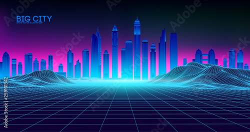 Retro wave background80s. City80s future retro synth illustration. Beach poster futuristic background. Retro laser city cyber concept. Futuristic city with purple night sky sunset. Party vector neon