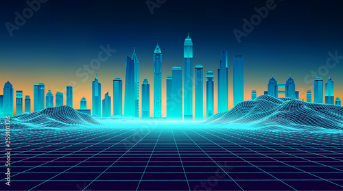 Retro background futuristic landscape 1980s style. Futuristic skyscraper city. Digital landscape cyber surface. Synth wave music album cover template : city, space, mountains . 80s Retro Sci-Fi