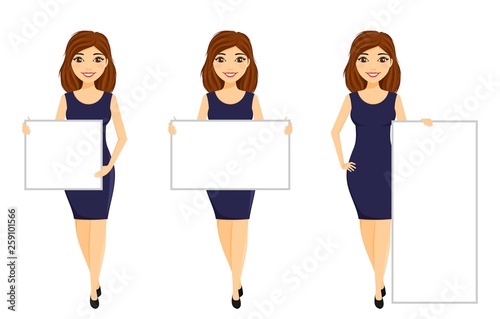 Set. A young girl, a businessman, holds a placard in his hands. Business and advertising.