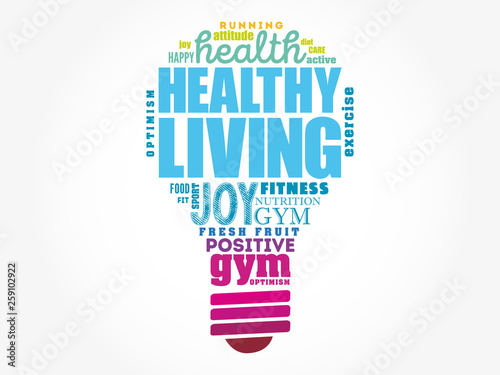 Healthy Living light bulb word cloud, health concept background