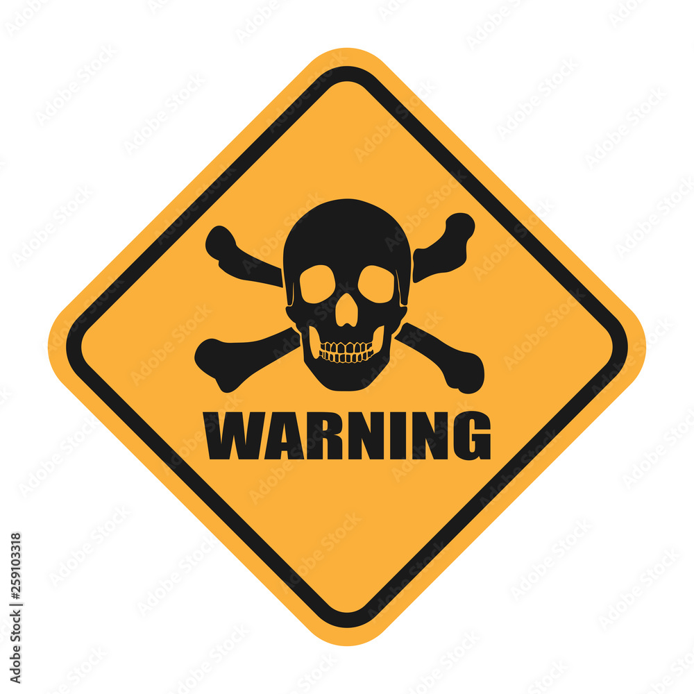 Mortal danger warning icon. Black silhouette of a skull on a yellow background. The image of death. Vector illustration.