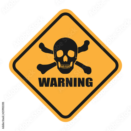 Mortal danger warning icon. Black silhouette of a skull on a yellow background. The image of death. Vector illustration.