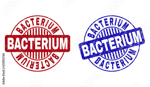 Grunge BACTERIUM round stamp seals isolated on a white background. Round seals with grunge texture in red and blue colors. Vector rubber imprint of BACTERIUM title inside circle form with stripes.