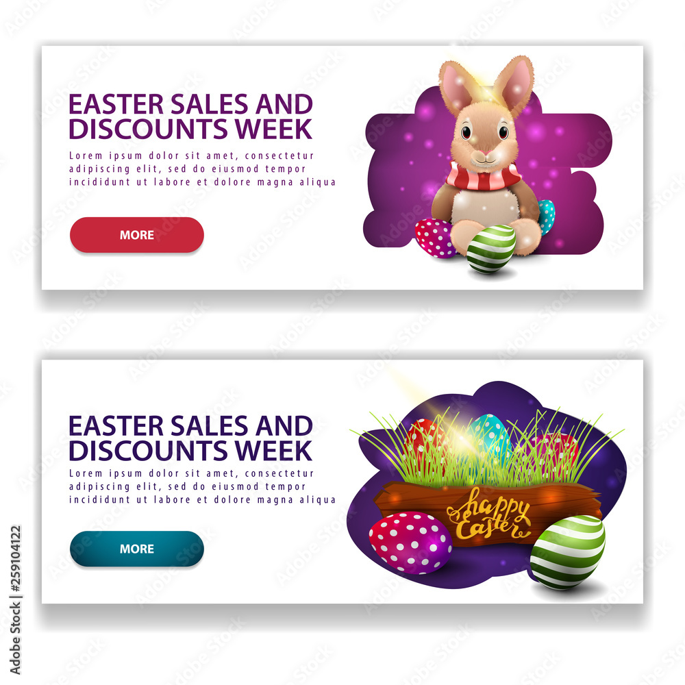Easter sale, two white banners with Easter bunny and Easter eggs Easter sale, two white banners with Easter bunny and Easter eggs