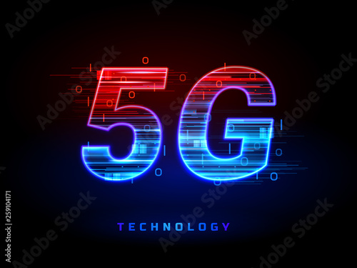 5g wireless speed connection technology sign. Mobile internet communication broadband of fifth generation. IOT or internet of thing concept. Home wifi or smartphone tech with data flow as lines.