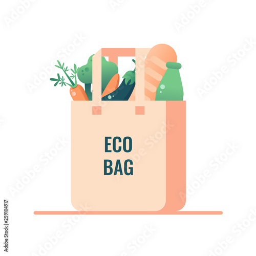 Reusable grocery eco bag with vegan food isolated from white background. Zero Waste (Say no to plastic) concept. Vector