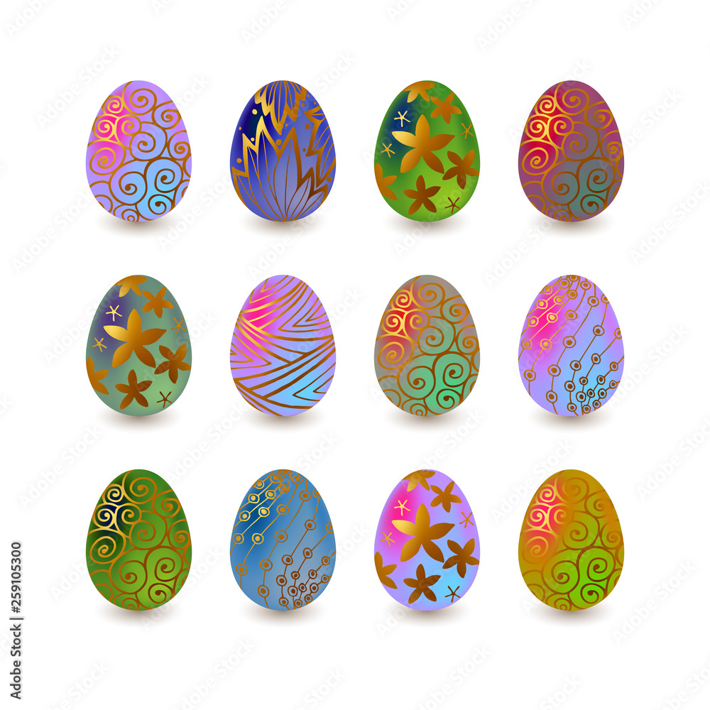 Easter eggs set. Colored luminous or glass with gold ornaments. Spring holidays in April. Egg hunt.