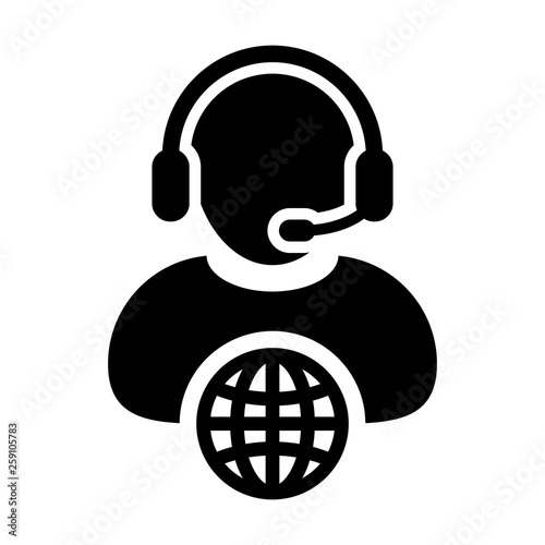 Man customer service icon vector call center person profile symbol with headset for internet network online support in glyph pictogram illustration