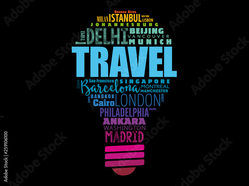 TRAVEL light bulb word cloud made with words cities names, concept background