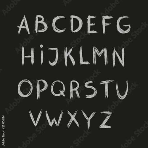 Hand drawn chalk alphabet  white letters on black background  vector.