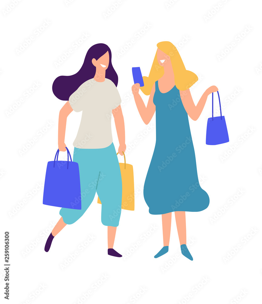 Illustration of two girls with purchases. Positive flat illustration in cartoon style. Discounts and sales. Shopaholics shopping. Online shopping. Girls communicate offline and online. Illustration of two girls with purchases. Positive flat illustration in cartoon style. Discounts and sales. Shopaholics shopping. Online shopping. Girls communicate offline and online.