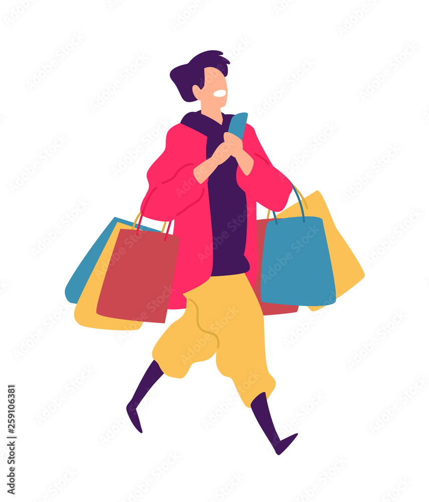 Illustration of a young guy with purchases. Positive flat illustration in cartoon style. Discounts and sales. Shopaholic shopping. A young man talking on the phone, shopping.