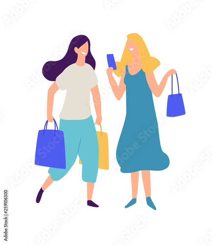 Illustration of two girls with purchases. Positive flat illustration in cartoon style. Discounts and sales. Shopaholics shopping. Online shopping. Girls communicate offline and online.