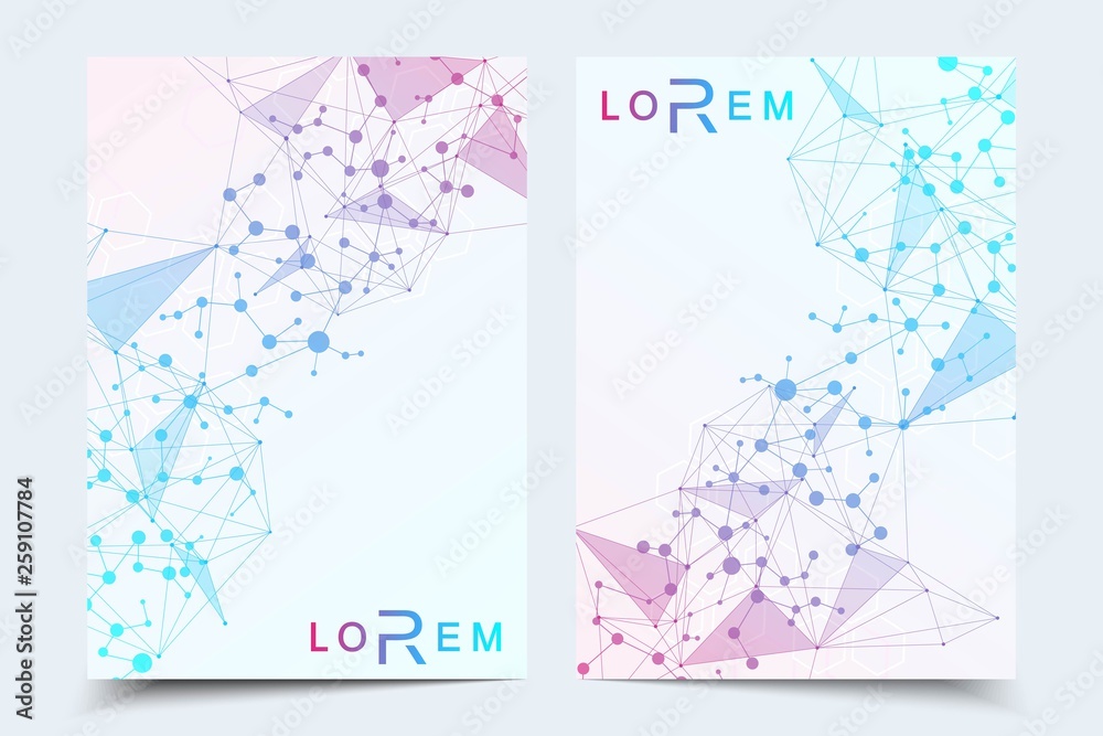Scientific brochure design template. Vector flyer layout, Molecular structure with connected lines and dots. Scientific pattern atom DNA with elements for magazine, leaflet, cover, poster design Scientific brochure design template. Vector flyer layout, Molecular structure with connected lines and dots. Scientific pattern atom DNA with elements for magazine, leaflet, cover, poster design