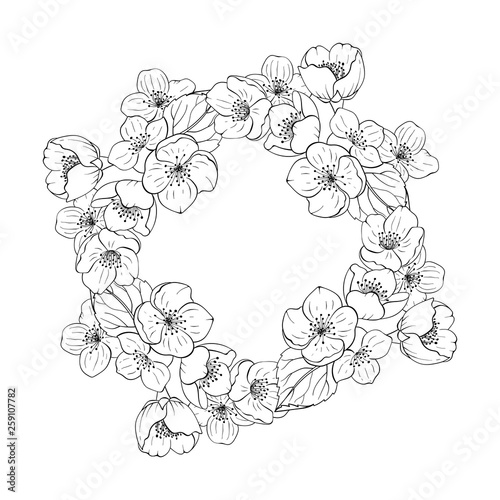Wreath with hand drawn jasmine flowers. Floral background.