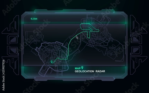 Futuristic navigate mapping technology dashboard GPS tracking map, showing movement and final destination on the streets of the city, high tech HUD background