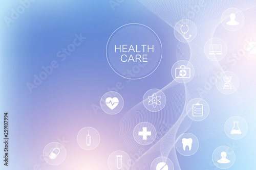 Abstract geometric medicine and science concept background. Healthcare and medical icons pattern with molecule, DNA, wave flow. Medical innovation technology. Pharmacy banner. Vector illustration