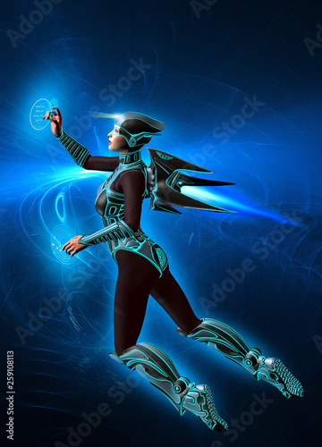 futuristic woman soldier working with holographic interface, 3d illustration