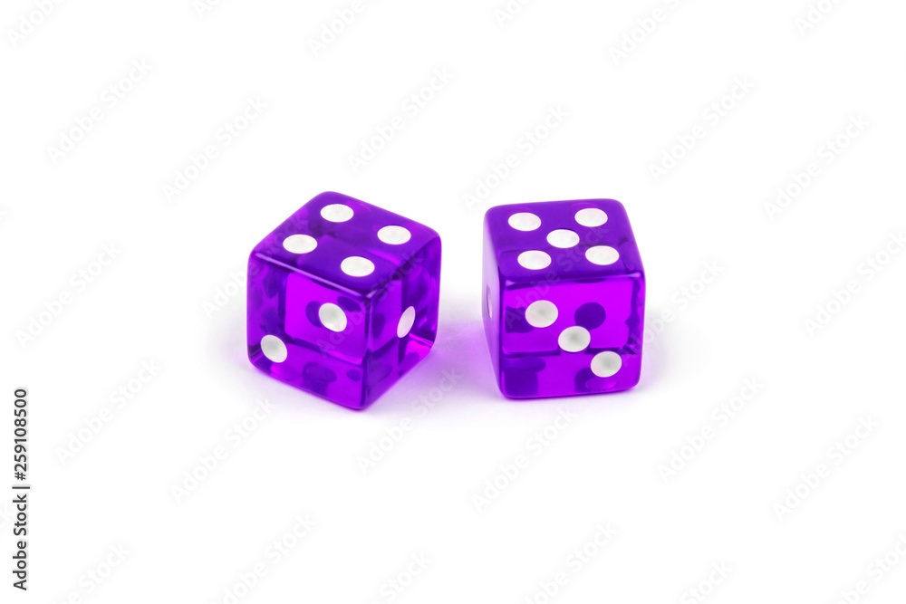 Two purple glass dice isolated on white background. Four and five. Two purple glass dice isolated on white background. Four and five.