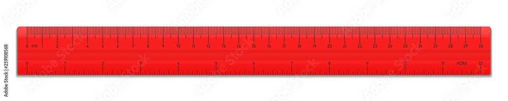 Realistic plastic red tape ruler isolated on white background. Double ...