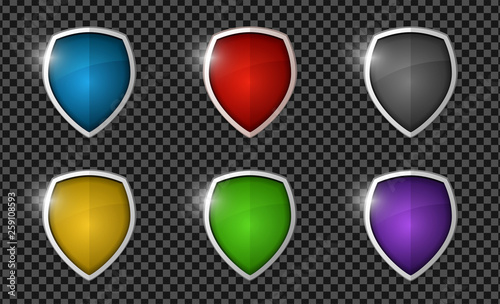Realistic shining shield icon pack isolated on transparent background: blue, red, grey, yellow, green, violet. Defense, safety, privacy, security, safeguard or antivirus concept. Vector illustration
