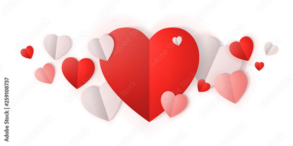 Red and white origami paper hearts background. Valentines day concept. Love, feelings, tenderness design. Vector illustration