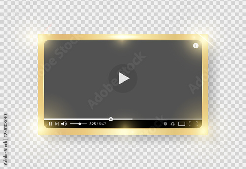 Golden shining modern grey video player design template for web and mobile apps flat style isolated on transparent background. Vector illustration