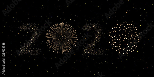 Firework 2020 New year concept on black night sky background. Christmas card. Congratulations or invitation background. Vector illustration