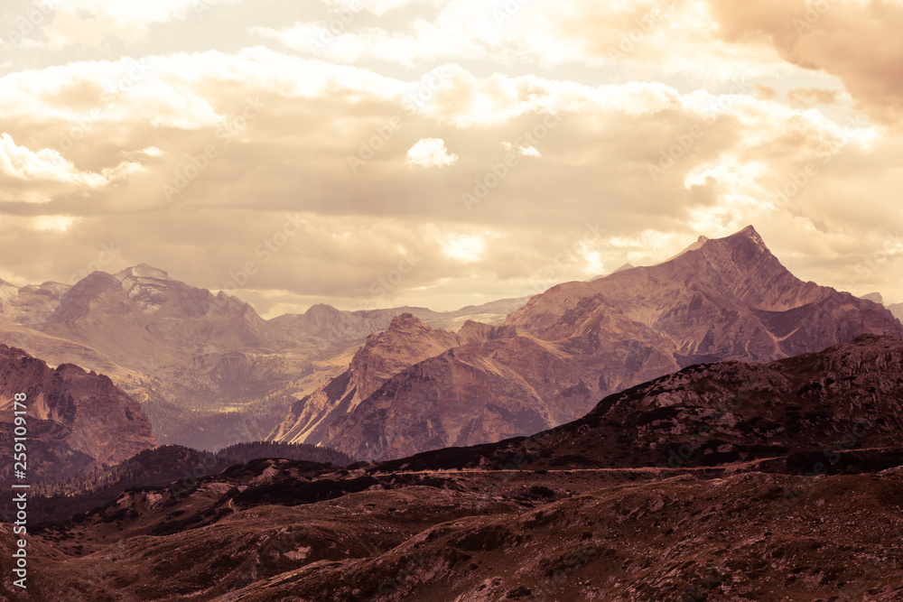 Panoramic view of Italian Dolomites on sunny autumn day Panoramic view of Italian Dolomites on sunny autumn day