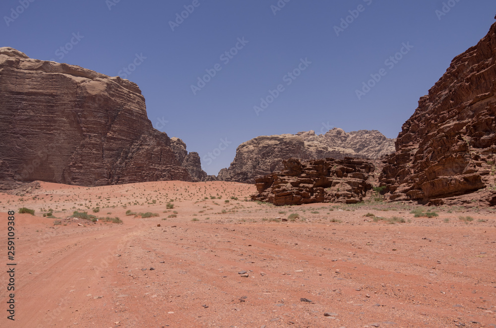 Nature, desert and rocks of Wadi Rum (Valley of the Moon), Jordan. UNESCO World Heritage. Panorama